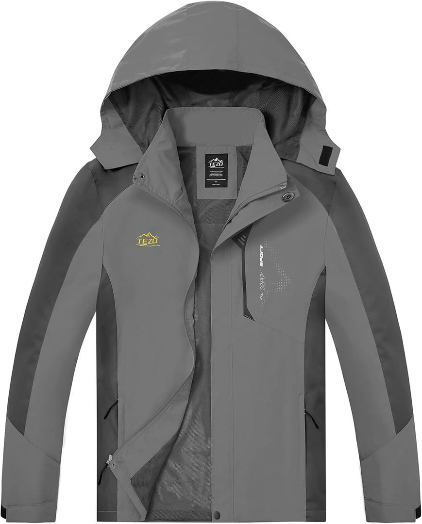TEZO Mens Rain Jacket Waterproof with Hooded Hiking Coat Lightweight Windbreaker (X-Large, Grey/Black)