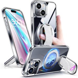 Shields Up for iPhone 15 Case with Stand, 15 Phone Case Clear with Ring Holder & Phone Grip [Compatible with MagSafe] Shockproof Protective Cover for iPhone 15 6.1 inch, Clear