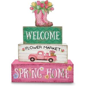 Spring Decorations, 4 Pcs Wooden Spring Table Decorations, Farmhouse Rain Boots Tiered Tray Decor, Wooden Table Sign for Desk Shelf Mantel Coffee Bar, Indoor Home Decor
