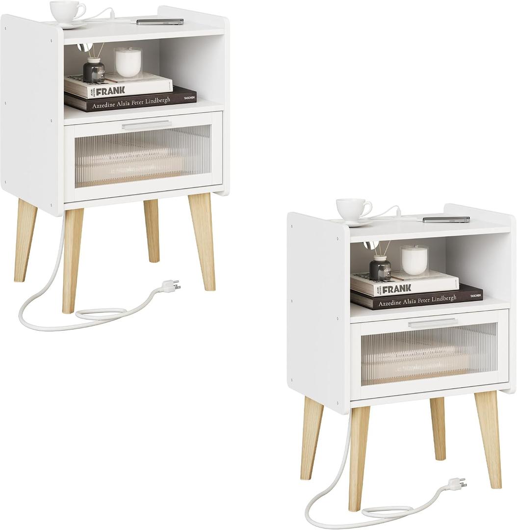MMEOLUOOK Nightstand with Charging Station, Bedside Tables, End Table Side Table with 2 Tiers Storage Space, for Bedroom, Living Room, White MLBZ07WE-2, 15.7 inches x 11.8 inches x 25.2 inches