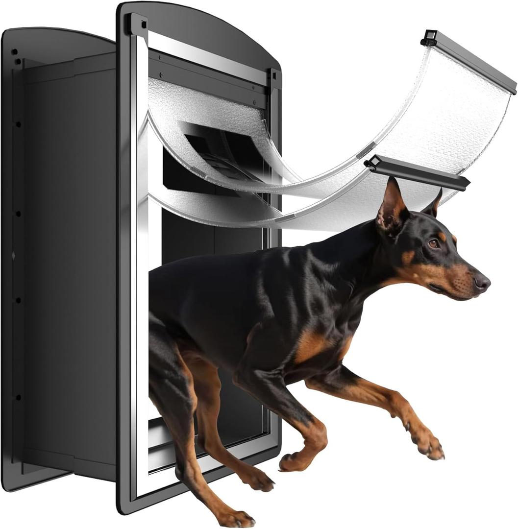 ClawJaw Extra Large Dog Door for Wall, Metal Frame and Telescopic Tunnel Pet Door, Double-Sided Wind Deflector and Magnetic Flaps, Easy to Install, Black (Pets Up to 220 Lb) X-Large