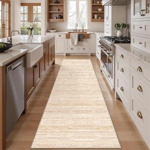 Miukiki 2x10 Runner Rug Moroccan Washable Hallway Runner Rug Non Slip Indoor Floor Kitchen Rug Foldable Carpet for Bathroom Laundry Room with Low Pile(Beige,2'x10')