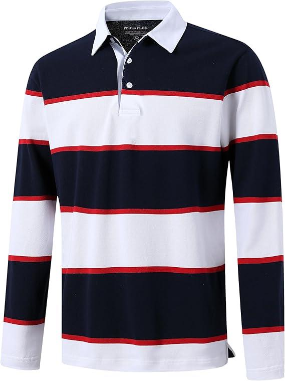 Men's Polo Shirts Long Sleeve Striped Dry Fit Casual Collared Pique Golf Polo Shirts for Mens, L, Navy White