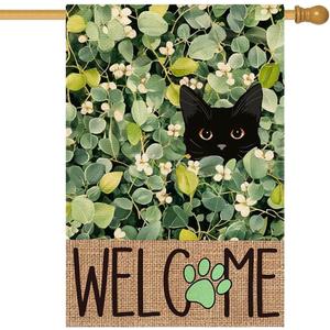 RABUSOFA Spring Summer Floral House Flag 28x40 Inch Double Sided Outside,Small Eucalyptus Black Cat Welcome Seasonal Holiday Yard Outdoor Decorations Large (Green)