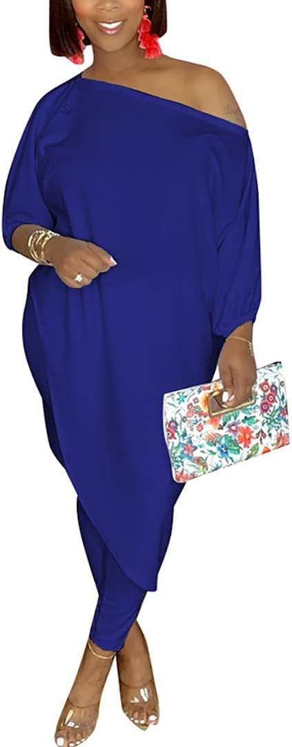 WOKANSE Women's Off Shoulder Tops Casual Loose Shirt Batwing Sleeve Irregular Hem and High Waist Long Pants Sets Blue 2XL