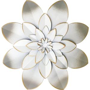 White Metal Flower Wall Art Decor, 9.5 Rustic Modern Floral Sculpture, Distressed Hanging Home Decoration Accent Artworks for Indoor Bedroom Living Room Office Outdoor Garden Patio