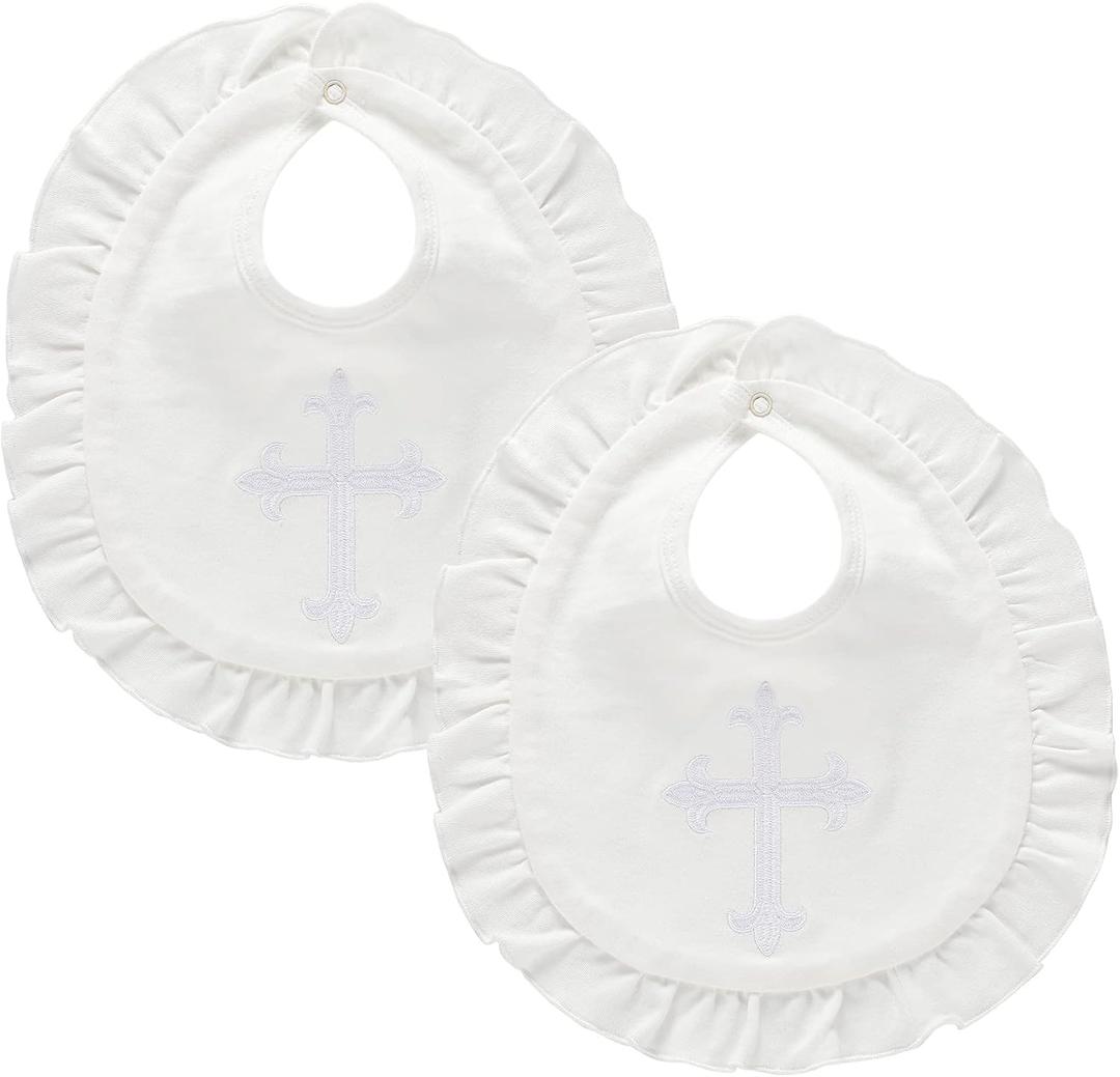 Janmercy 2 Pieces White Baptism Bib Christening Bib for Baby Girls Embroidered Crucifix Baptism