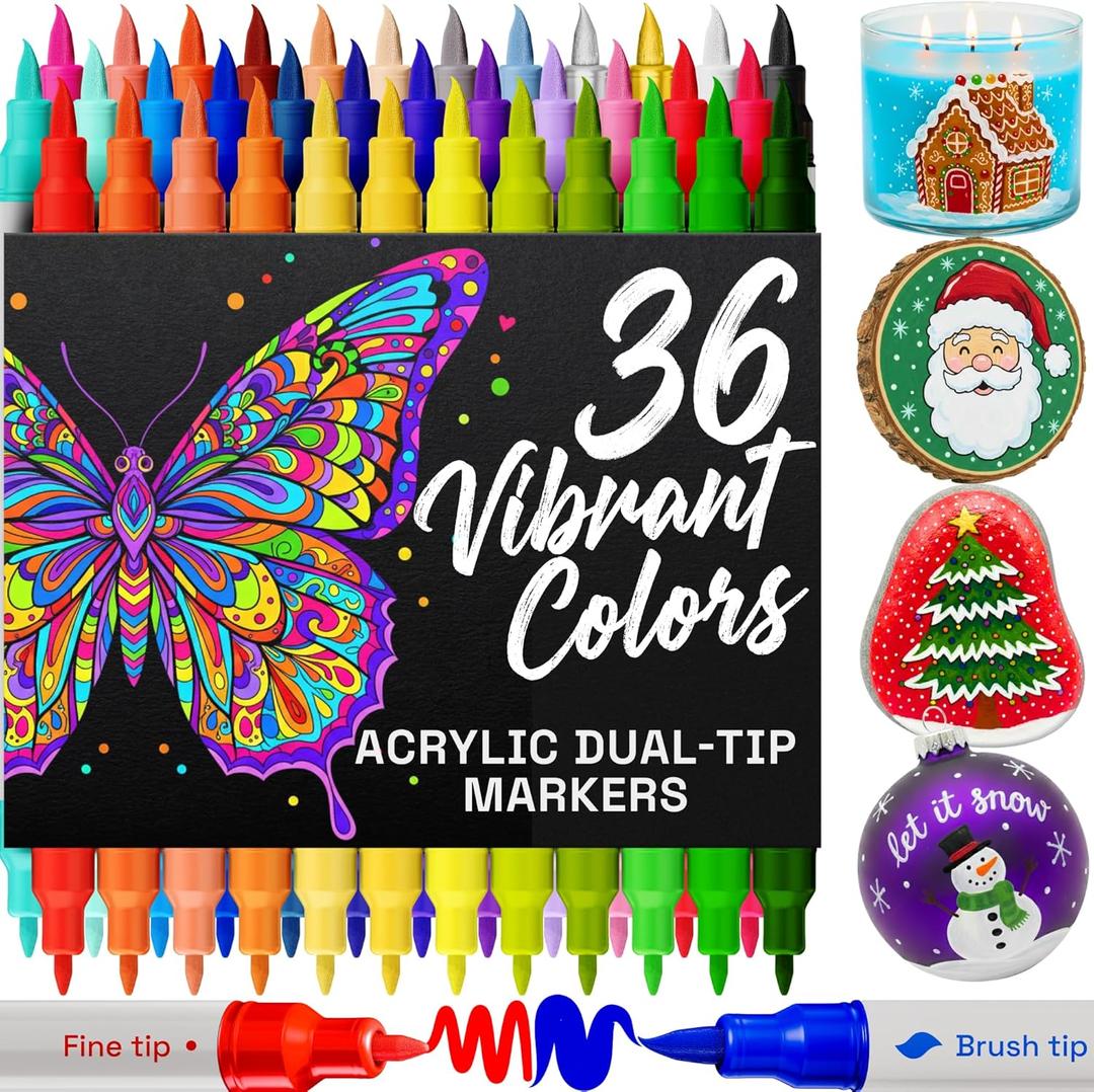 ARTISTRO 36 Acrylic Paint Markers - Paint Pens for Calligraphy, Brush + Fine Tips - For Fabric, Rock, Glass, Wood, DIY, Craft, Canvas - Art and Craft Supplies for Adults, Teens, Kids