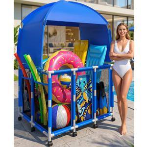 Pool Float Storage with Canopy,Pool Storage Bin XXX-Large,Outdoor Pool Toy Storage Organizer for Pool, Floats & Balls, Outdoor Pool Toy Storage with Rolling Cart for Swimming Equipments