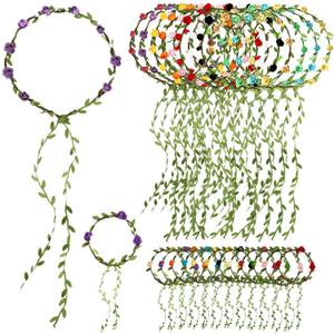 24 Pcs Assorted Colored Flower Crown and Wrist Garlands Set Include 12 Wreath Headband Garlands Floral Headband 12 Floral Wristband for Wedding Festival Vacation Fairy Party Photography Props