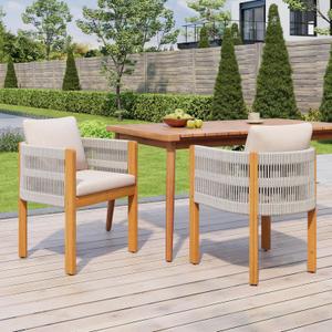 Christopher Knight Home Levi Acacia Wood Outdoor Dining Chairs Set of 2, Wooden Patio Dining Chair with Waterproof Cushions, Outdoor Kitchen Side Chair with Rope Woven Accent, Teak+Light Beige