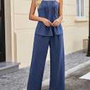 Kikibell Summer Sets Women 2 Piece Outfits Tube Top Wide Leg Pants Casual Beach Vacation Matching Lounge Set (Blue, M)