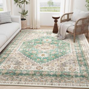 zesthome 5x7 Area Rugs - Ultra-Thin Washble Rug, Stain Resistant Anti Slip Backing Rugs for Living Room,Bedroom, Vintage Home Decor Area Rug (Green/Brown,5'x7') (5' x 7' (Rectangular))