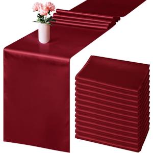 Aneco 12 Pack Satin Table Runner 12 x 108 Inch Burgundy Long Wedding Satin Silk Table Runner for Wedding Banquet Graduations Birthday Party Decoration