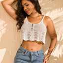 Women's Crochet Tank Top Sleeveless Scoop Neck Hollow Out Knit Cami (Beige, XL)