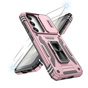 ATUMP for Galaxy S24 Case with [2Pcs] HD Screen Protector & Slide Camera Cover, Rotated Ring Kickstand [Military Grade Shockproof] Protective Case for Samsung Galaxy S24 6.2", Rose Gold