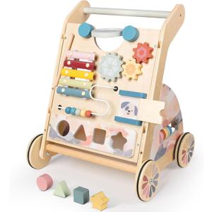 Wooden Baby Walker, Detachable Activity Busy Board, Baby Walking Toys Push Walkers for Babies 6-12 Months