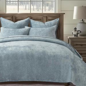 EverGrace Velvet Quilt Set King Size, Luxurious Soft Quilted Bedding Sets, Lightweight Velvet Comforter for All Season, Striped Channel Bedspread Coverlet with 2 Shams, 104" x 92", Blue Linen