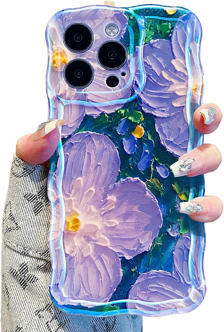 UEEBAI Case for iPhone 15 Pro Max, Colorful Retro Oil Painting Flower Case Pretty Glossy Pattern Wave Cover Cute Sparkly Floral Curly Cover Stylish Shell for Women Girl, Purple Flower