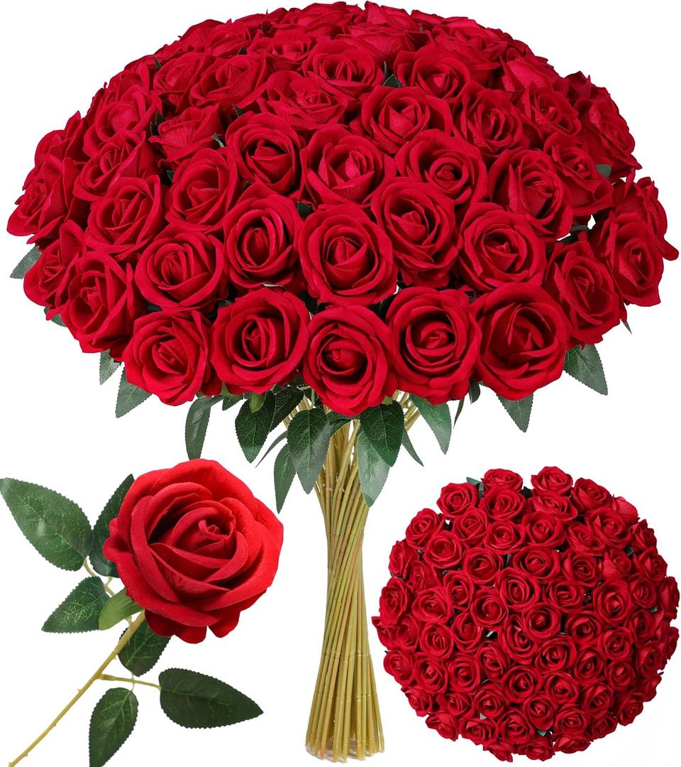 50 PCS Red Roses Artificial Flowers, Real Looking Fake Roses with Long Stems Silk Flowers for DIY Wedding Bouquet Party Celebration Home Bridal Shower Decoration Valentine's Day Gift for Her Wife