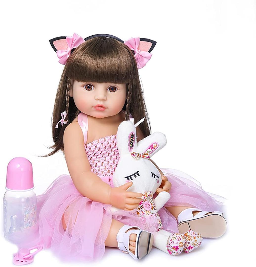 Wamdoll 22 inch 55CM Realistic Sweet Face Real Baby Size Reborn Toddler Newborn Girl Doll Crafted in Silicone Vinyl Full Body Children Birthday (Pink Yarn Skirt)