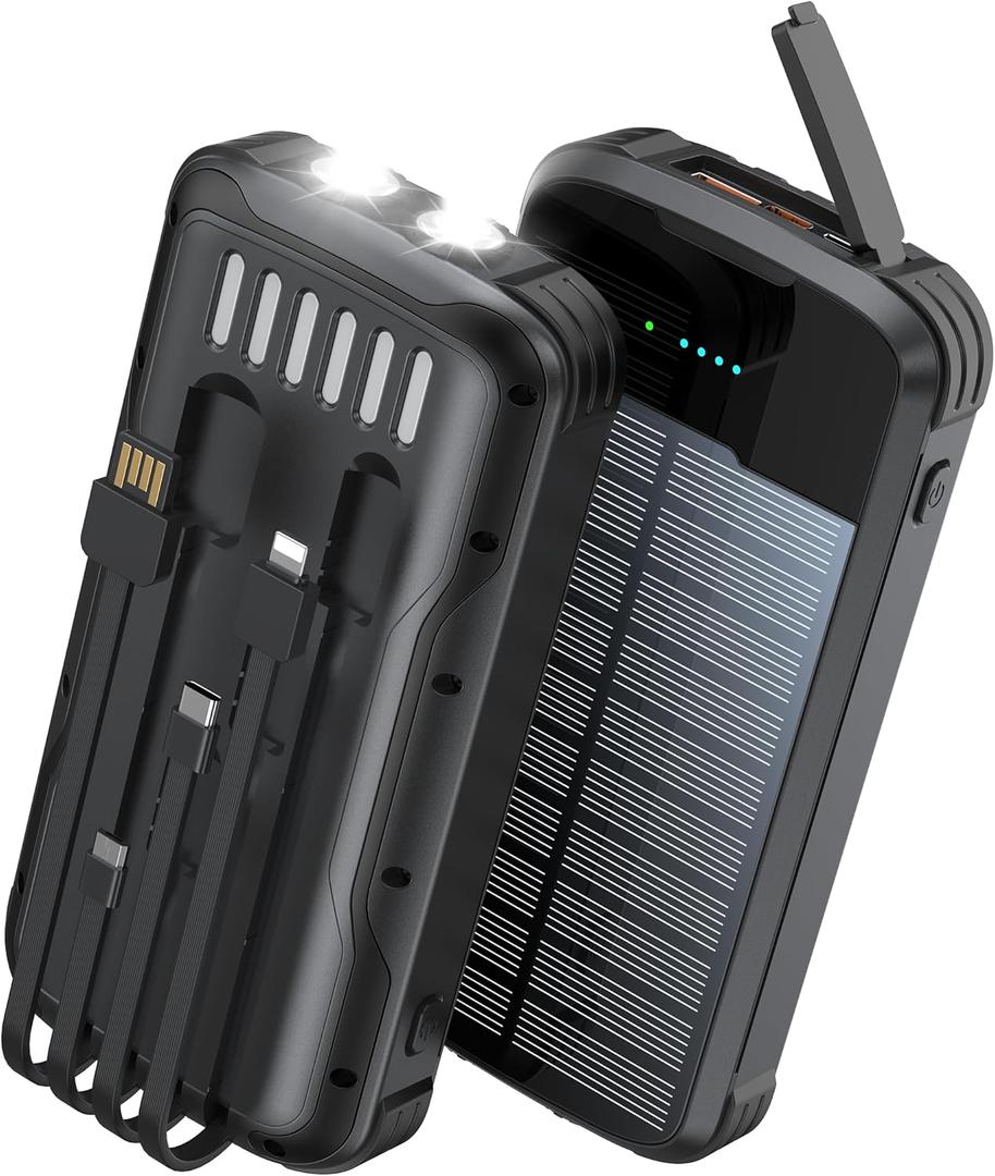 Solar Power Bank 40000mAh PD20W Fast Charging Portable Solar Charger | Built-in 4 Cables, 3 Ports, Dual Bright Flashlight, External Battery Pack for Camping, Hiking, and Outdoor Use, Black