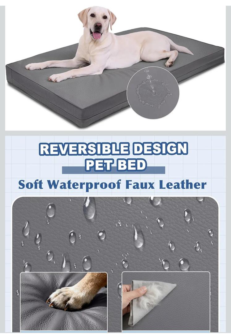 Vonabem Outdoor Waterproof Dog Bed Washable, XL Large Crate Pad 42 inch, Wipeable Leather Pet beds with Removable Cover, Foam Orthopedic Anti-Slip Kennel Pads Reversible, 41"x27" Grey