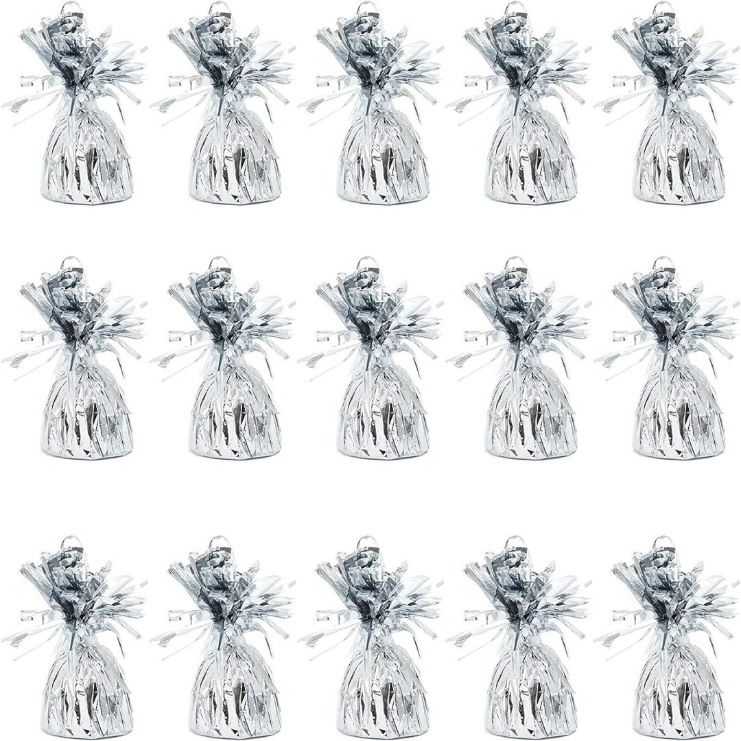 BLUE PANDA Balloon Weights - 4.5 x 2.35 in, Silver, 15 Pack - Table Balloon Stand Weight & Holder with Tinsel Tassel Fringe & Hook