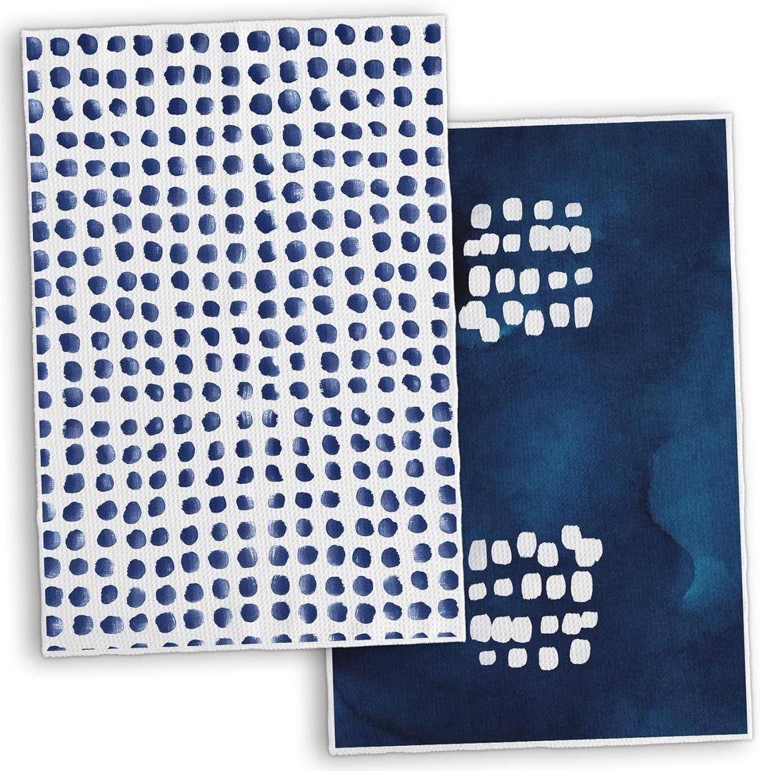 TNUW Boho Abstract Blue Polka Dot Kitchen Towels 16x24In Set of 2, Polka Dot Dish Towels, Deep Blue and White Decorative Hand Towels, Modern Navy Blue Hand Towels for Kitchen Bathroom Decor