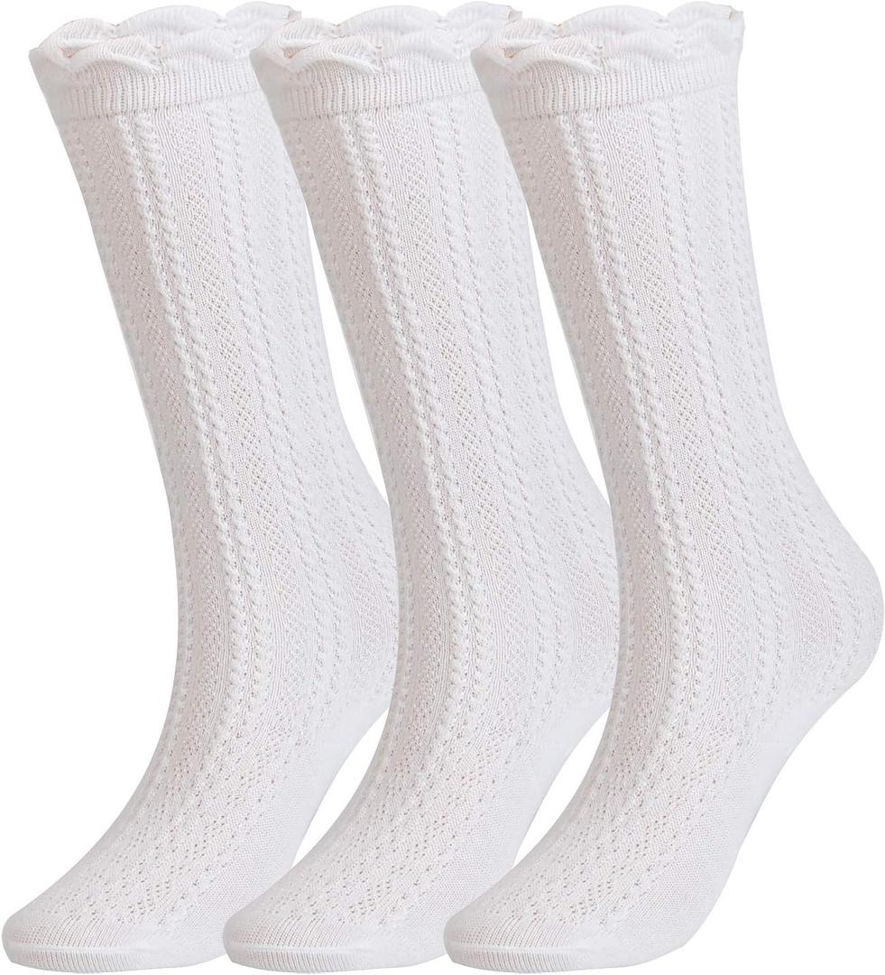 EPEIUS Baby Girls Knee High Socks Cotton Uniform Socks Tube Ruffled Stockings Newborn Infant Toddler (Pack of 3/5) (12-24 Months, White,3 Pairs)