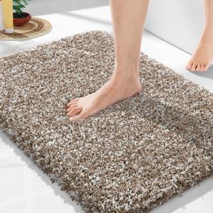 Yimobra Bathroom Rugs Non Slip Washable 24x17, Ultra Soft and Water Absorbent Bath Mats, Plush Fluffy Shower Mat Outside, Microfiber Thick Matts for Bathroom Floor/Sink, Light Brown and White