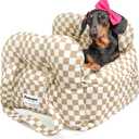 Dog Car Seat for Small Dogs, Portable Puppy Car Seat of Easy Installation, Fashionable Pet Carrier Bag with Large Pockets, Machine Washable Dog Booster Seat (Checkered Khaki)