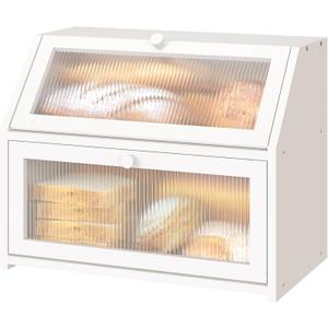White Bread Box for Kitchen Counter, Large Bamboo Wood Double Layer Bread Box, Wooden Bread Storage Capacity