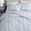 Martha Stewart - Queen Comforter Set, 100% Silky Smooth Cotton Sateen Striped Bedding for Year Round Comfort, 3 Piece Bed Set with Matching Pillowcases (Verbena Stripe Blue)
