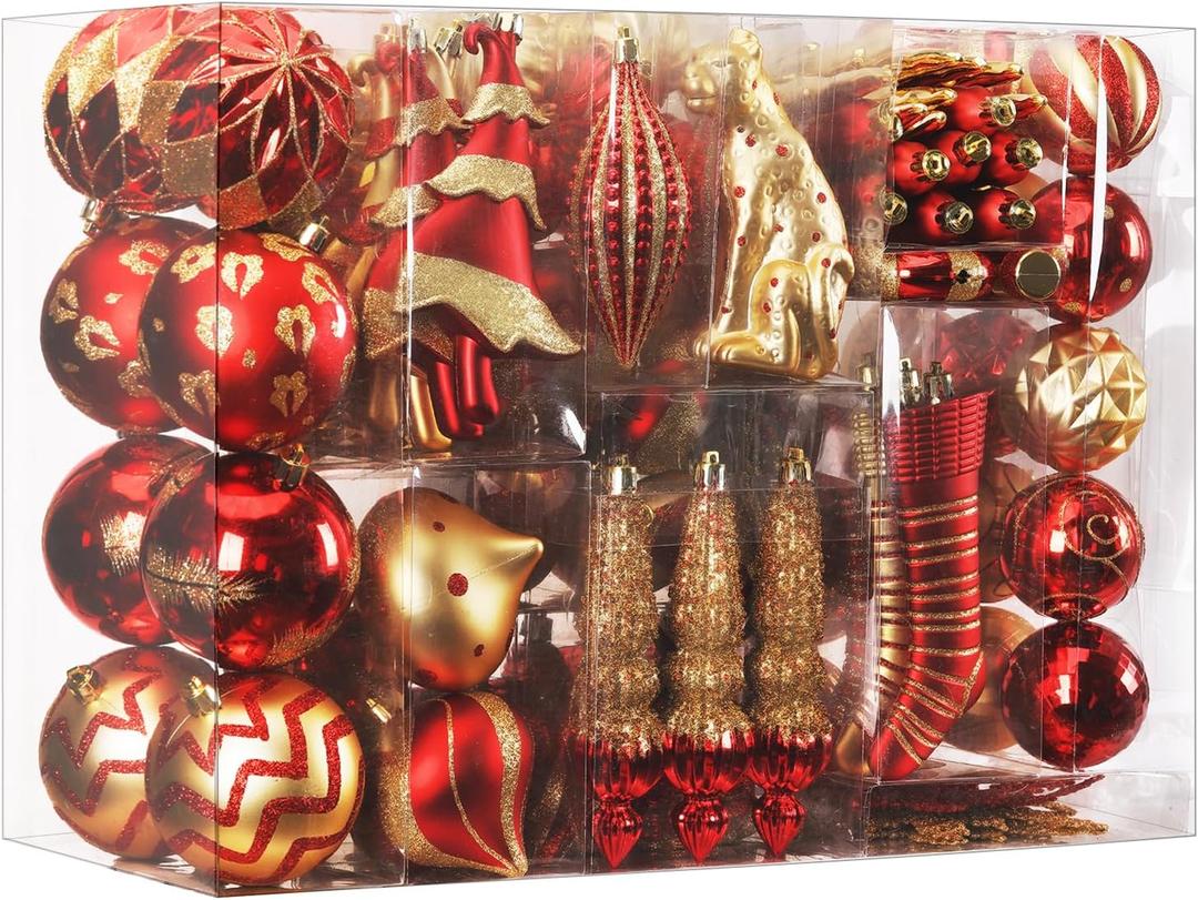 SHareconn 145pcs Christmas Balls Ornaments Set, Shatterproof Plastic Baubles Snowflakes, Stars and Tree Topper for Xmas Tree Holiday Wedding Party Decorations with Hanging Strings, Gold and Red