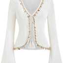 SweatyRocks Women's Boho Lace Up Bell Sleeve Sweater Cardigans V Neck Sweater Knitted Tops, Large