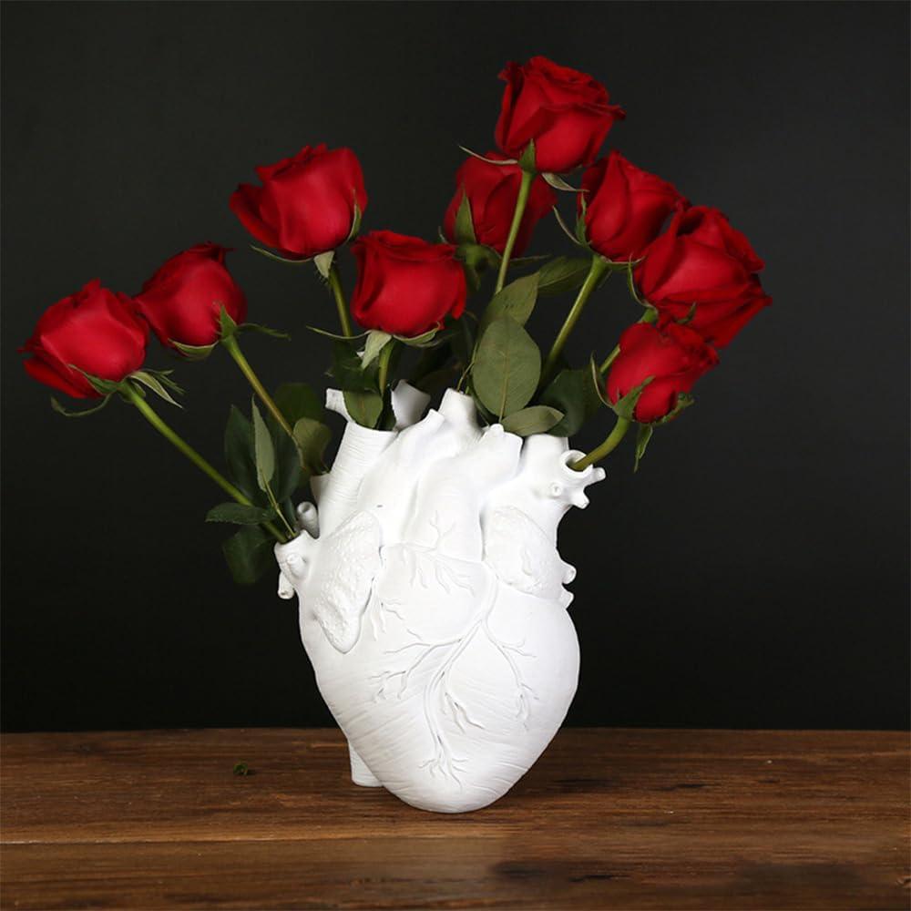Human Heart Organ Shape Vase Creepy Halloween Home Desk Flowers Pot Decor, Medium Size 6.2" x 4.2", White
