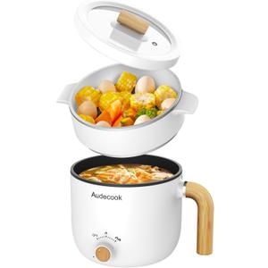 Audecook Hot Pot Electric with Steamer, 1.5L Portable Nonstick Rapid Noodles Cooker, Travel Electric Skillet with Dual Power Control for Ramen/Pasta/Soup/Steak/Egg/Oatmeal (White)