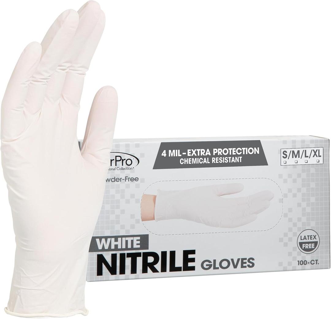 ForPro Disposable Nitrile Gloves, Chemical Resistant, Powder-Free, Latex-Free, Non-Sterile, Food Safe, 4 Mil, White, Large, 100-Count