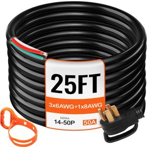VEVOR 25 FT 50 Amp Generator Extension Cord 6 Gauge STW 6/3+8/1 RV Power Cord N14-50P to Bare Wire, Cut Wire for Trailer Motor Campers Home Generator