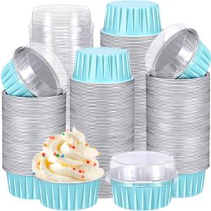 Gejoy 400 Pcs Aluminum Foil Baking Cups with Lids 5 oz Disposable Ramekins Mini Cake Pans Creme Brulee Cupcake Liners Muffin Tins Flan Mold Dessert Container for Wedding(Blue,Classic)