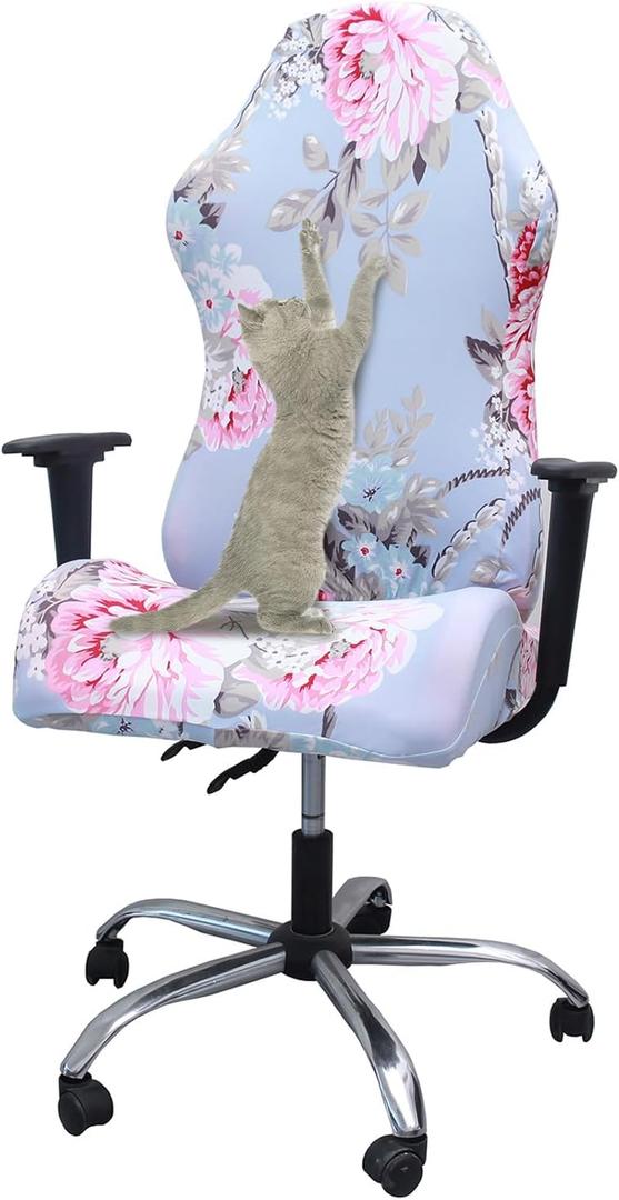 WOMACO Gaming Chair Slipcover Stretch Seat Chair Cover for Leather Computer Reclining Racing Ruffled Gamer Chair Protector (Pink Floral, One-Size) (One-size, Pink-floral)
