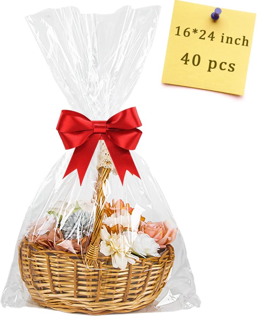 40pcs Cellophane Bags 16x24 Clear Cellophane Wrap for Gift Baskets Large Clear Party Favors Treat Plastic Gift Packaging for Cookie Candy Goodie