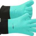 GEEKHOM BBQ Gloves Heat Resistant Oven Mitts - Silicone Grilling Gloves with 13.7" Arm Protection - Waterproof Pot Holder Non-Slip for Men & Women, Kitchen Outdoor Cooking, Baking, Camping, Turquoise (One Size Fits Most)