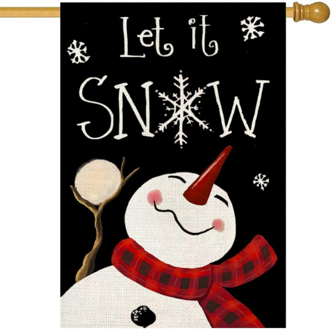 Let It Snow Snowman House Flag 28 x 40 Inch Merry Christmas Decorative Double Sided Burlap Small Flag Holiday Banners for Winter Xmas Farm House Yard Decoration