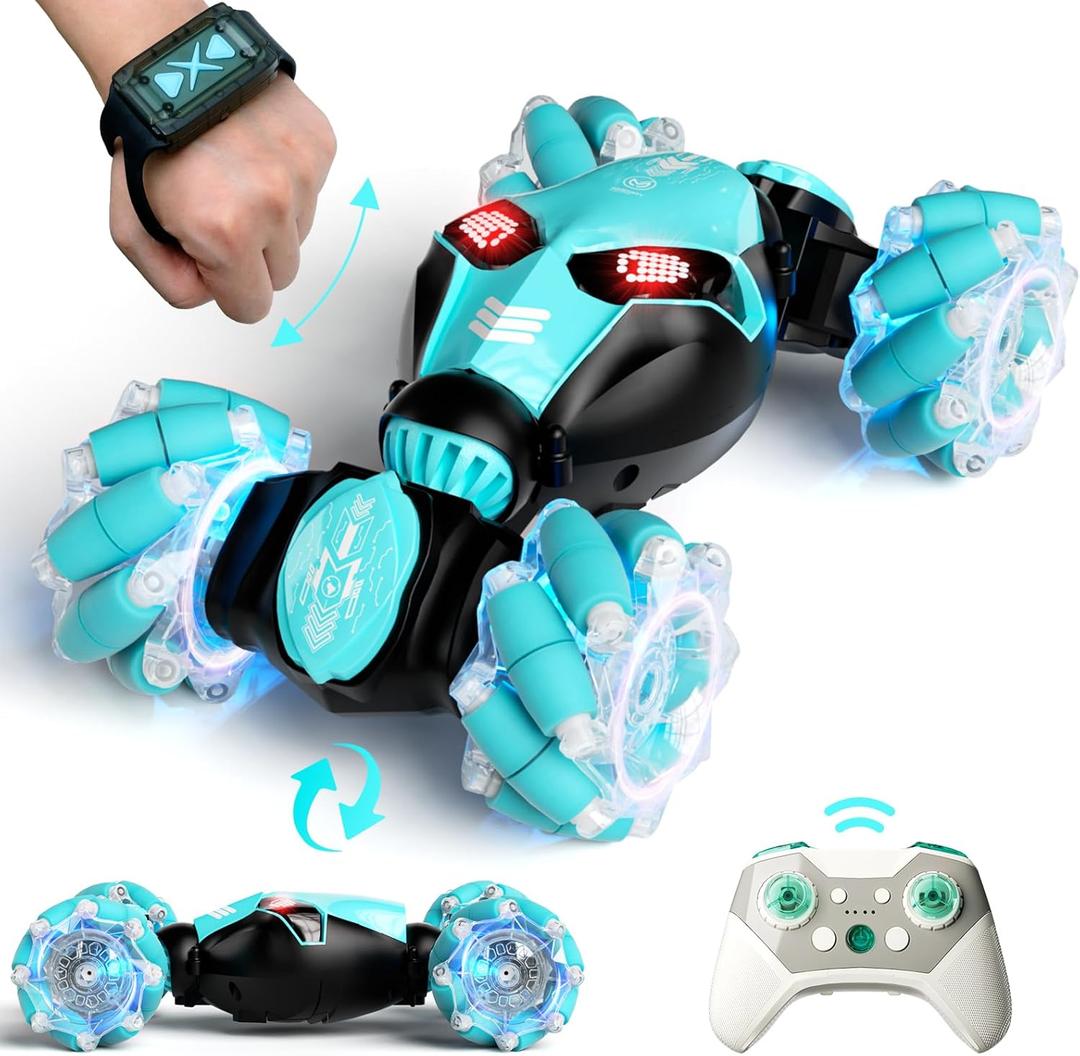 Remote Control Car, Gesture Sensor RC Stunt Cars Toys for Boys Age 8 9 10 11 12+ Years Old, 2.4GHz 4WD RC Double Sided 360 Flips Off Road Vehicle Toy with Lights/Music, Gifts for Kids Girls Blue (Medium)