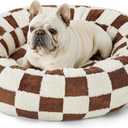 Lesure Donut Medium Dog Bed - Round Cat Beds for Indoor Anti-Anxiety Calming Pet Beds, Washable Cute Modern Beds with Teddy Sherpa Plush & Anti Slip Bottom, 30 Inch, Brwon (Brown Checks)