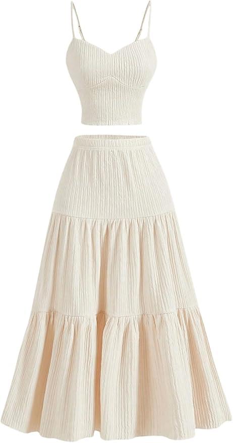GORGLITTER Women's 2 Piece Skirt Sets Textured Cami Crop Top Ruffle Hem Flowy Midi Skirt Outfits Summer, L