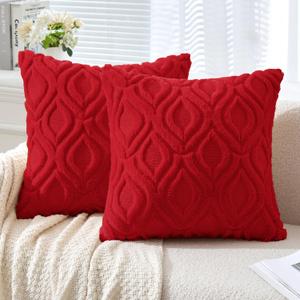 MIULEE Christmas Red Throw Pillow Covers 18x18 Inch, Soft Winter Plush Faux Wool Couch Pillow Covers Set of 2 Decorative Farmhouse Boho Throw Pillows for Sofa Living Room Bed