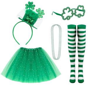 Hicarer 7 Pcs St Patrick's Day Leprechaun Costume Accessories for Women Include Tutu Skirt Headband Beaded Necklace Glasses (Polka Dot Clover)